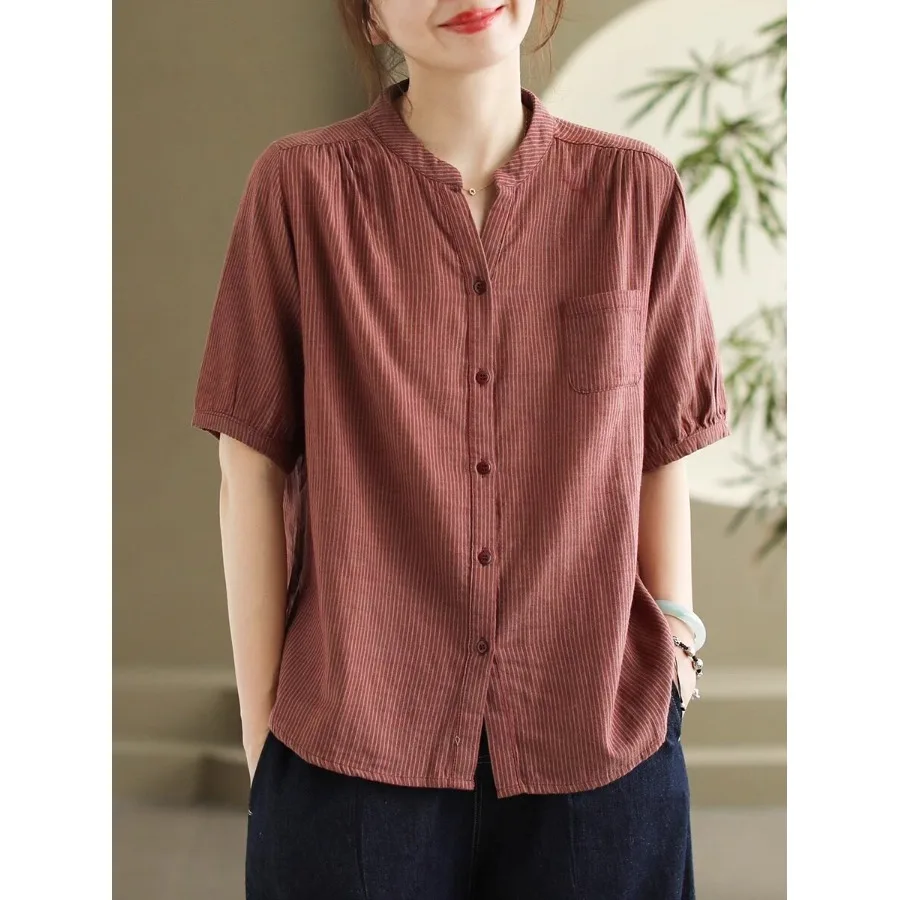 Ladies' Lazy Style Loose Fit Short Sleeve Shirt Jacket Thin Vertical Stripes Stand Collar Spring Summer New Arrival Outerwear
Ladies' Lazy Style Loose Fit Short Sleeve Shirt Jacket Thin Vertical Stripes Stand Collar Spring Summer New Arrival Outerwear