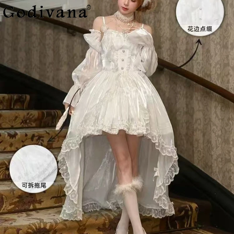 Elegant Lolita Removable Trailing White Suspender Dresses Fashion High Waist A-linr Age Reduction Sweet Girl New Princess Dress
Elegant Lolita Removable Trailing White Suspender Dresses Fashion High Waist A-linr Age Reduction Sweet Girl New Princess Dress