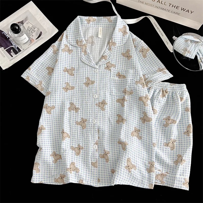 Summer Short Sleeve Sleepwear Women's Bubble Gauze Pleated Cardigan Sweet Little Cherry Thin Home Clothes Set Casual Style 7 Sd16fa0265ec44e7e89b0efdddc84b45cm