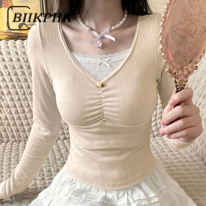 BIIKPIIK Sweet Lace Patchwork Tops Young Hot Shirring Slim Fit Long Sleeve Girl's Tees Cute Gentle Casual T-shirts Autumn Outfit
BIIKPIIK Sweet Lace Patchwork Tops Young Hot Shirring Slim Fit Long Sleeve Girl's Tees Cute Gentle Casual T-shirts Autumn Outfit