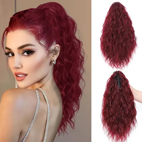 Long Water Wave Claw Ponytail Extensions Curly Clip in Fake Hair Ponytail Synthetic Burgundy Wavy Hairpiece Horse Tail for Women