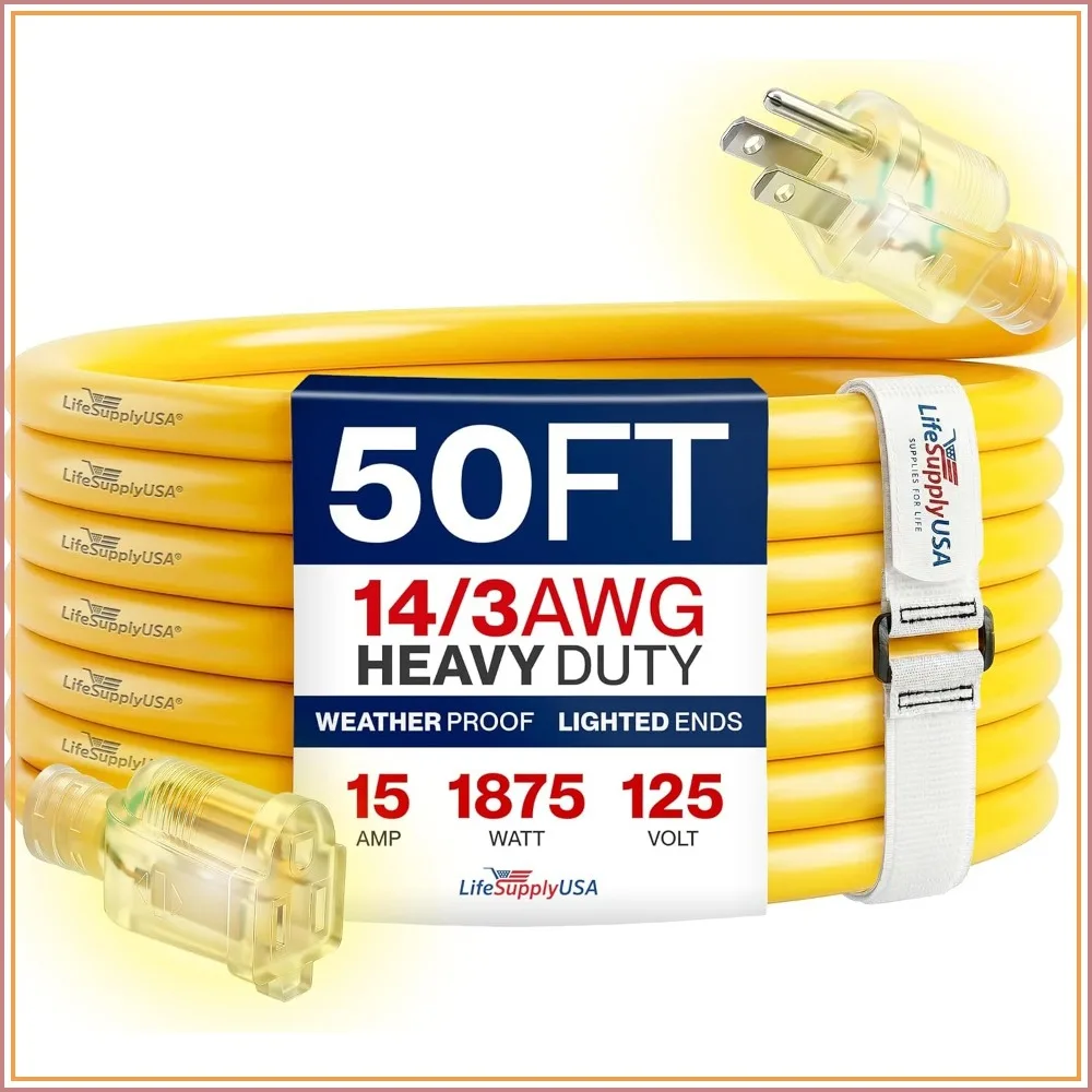 50ft Heavy Duty Extension Cord 14/3 Gauge, Waterproof & Cold-Resistant, 15A 125V 1875W, Yellow
50ft Heavy Duty Extension Cord 14/3 Gauge, Waterproof & Cold-Resistant, 15A 125V 1875W, Yellow