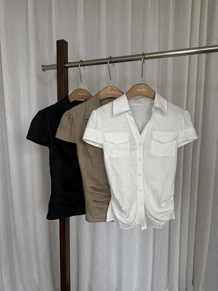 White Korean Style Short Sleeve Shirt Women's Summer Slim Fit Waist Cinching Shoulder Pocket Top High End Feeling Neck
White Korean Style Short Sleeve Shirt Women's Summer Slim Fit Waist Cinching Shoulder Pocket Top High End Feeling Neck