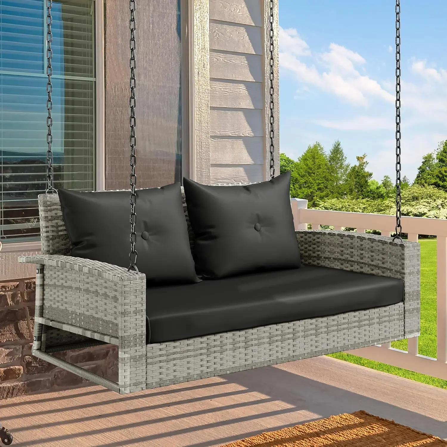 Wicker Hanging Porch Swing Chair Outdoor Black Rattan Patio Swing Lounge w/ 2 Back Cushions Capacity 530lbs for Balcony
Wicker Hanging Porch Swing Chair Outdoor Black Rattan Patio Swing Lounge w/ 2 Back Cushions Capacity 530lbs for Balcony