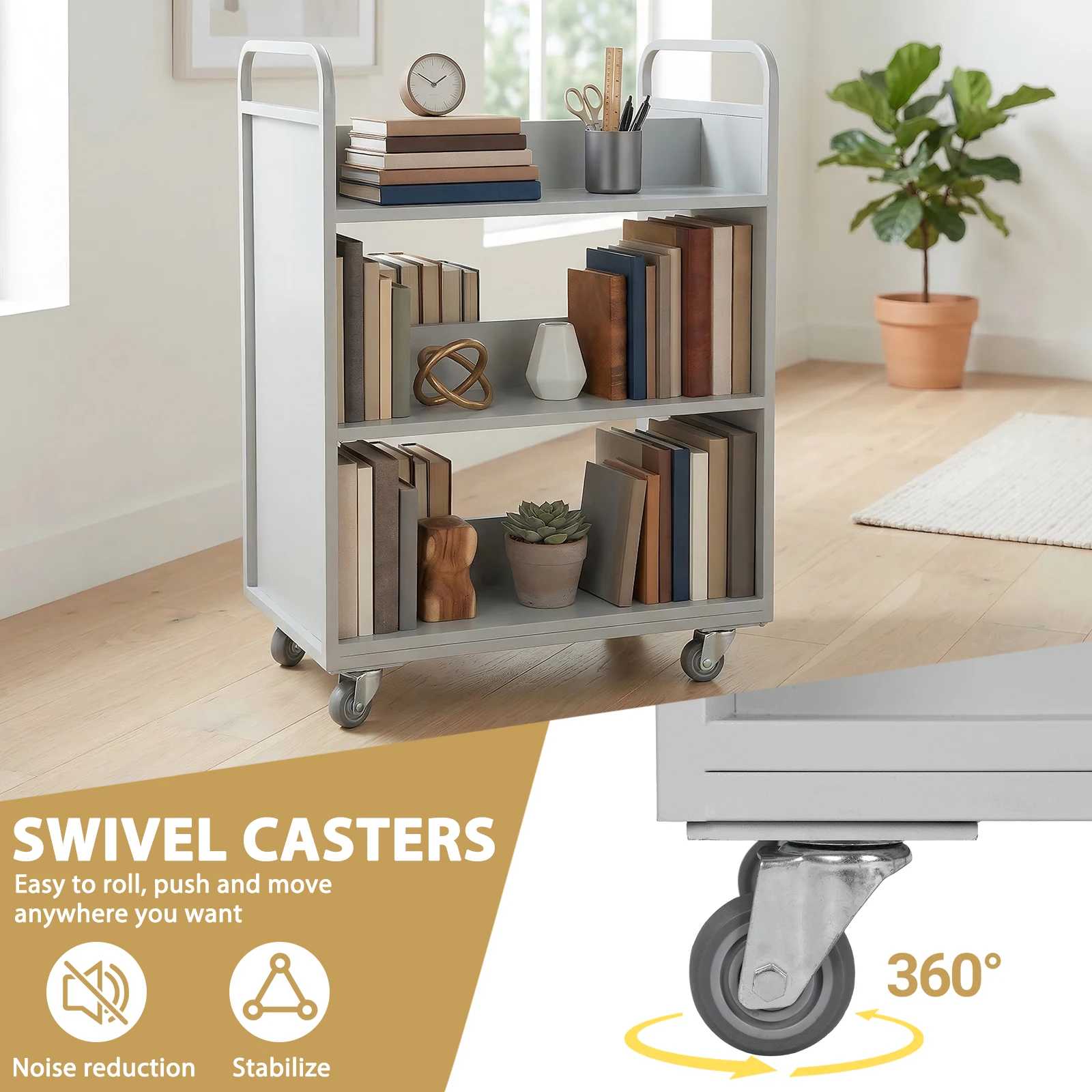 Library Book Cart Slanted Single Sided 3-Shelf Book Truck with Swivel Lockable Casters for Library Office Archive Room
Library Book Cart Slanted Single Sided 3-Shelf Book Truck with Swivel Lockable Casters for Library Office Archive Room