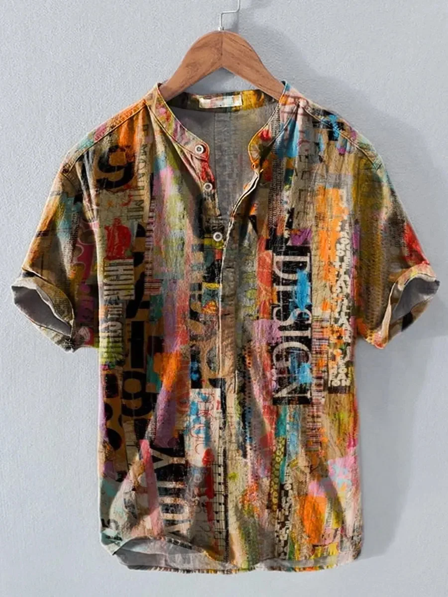 New style of flying bird landscape printed men's short sleeved Henley shirt with artistic and casual style clothing
New style of flying bird landscape printed men's short sleeved Henley shirt with artistic and casual style clothing