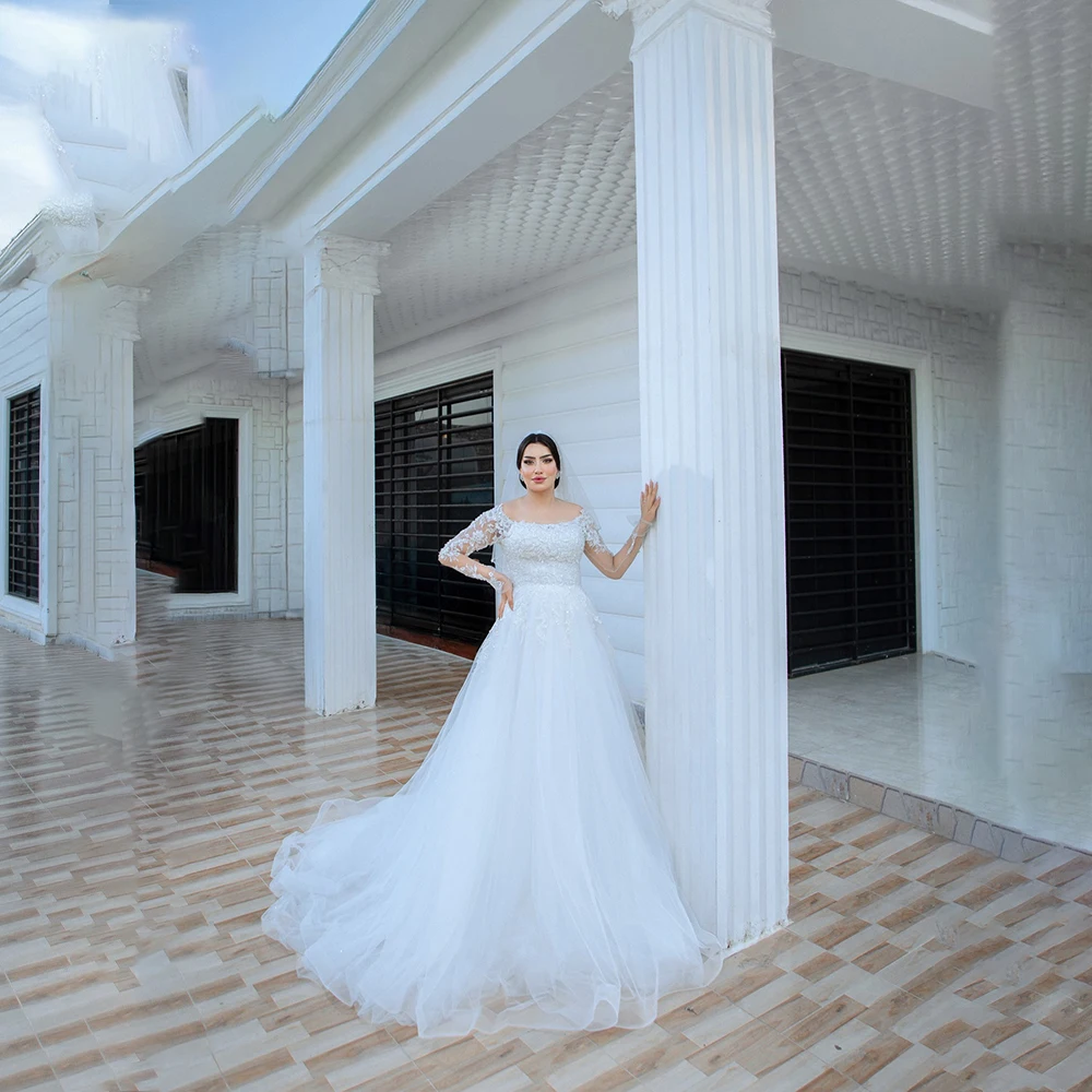 Modern Wedding Dresses Long Sleeves Boat Neck A-Line White Bride Dress with Appliques Sequined Church Bridal Gown Customized 
Modern Wedding Dresses Long Sleeves Boat Neck A-Line White Bride Dress with Appliques Sequined Church Bridal Gown Customized