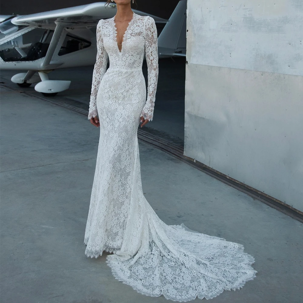 Boho Lace Wedding Dress V-Neck Mermaid Long Sleeve Sexy Illusion Floor Length Sweep Train Bridal Customized свадебное платье
Boho Lace Wedding Dress V-Neck Mermaid Long Sleeve Sexy Illusion Floor Length Sweep Train Bridal Customized свадебное платье