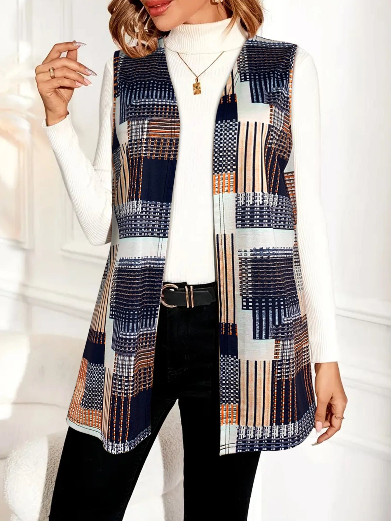 Women's Sleeveless Open - Front Vest (No Inner Wear), Abstract Geometric Print, Casual Trendy Layering Piece Without Inner Garme
Women's Sleeveless Open - Front Vest (No Inner Wear), Abstract Geometric Print, Casual Trendy Layering Piece Without Inner Garme