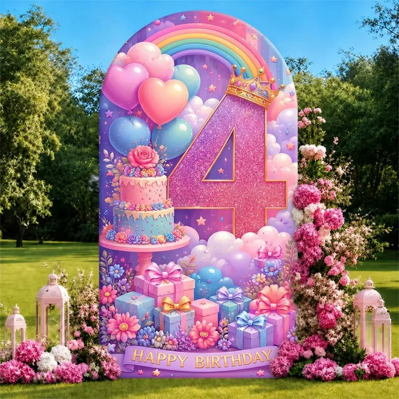 Single Side Arch Backdrop Cover Magical Rainbow Birthday Background for Party Decor with Giant Glittery Number 4 Crown Balloons
Single Side Arch Backdrop Cover Magical Rainbow Birthday Background for Party Decor with Giant Glittery Number 4 Crown Balloons
