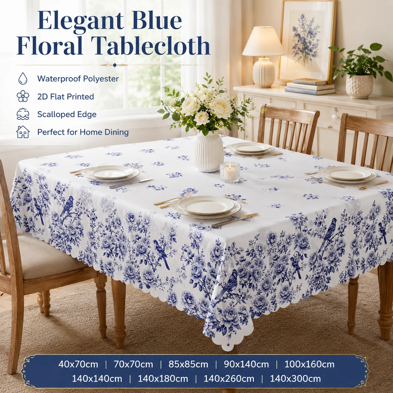 Elegant Blue Floral Tablecloth Waterproof Polyester 2D Flat Printed Table Cover Scalloped Edge For Home Dining Room Kitchen
Elegant Blue Floral Tablecloth Waterproof Polyester 2D Flat Printed Table Cover Scalloped Edge For Home Dining Room Kitchen