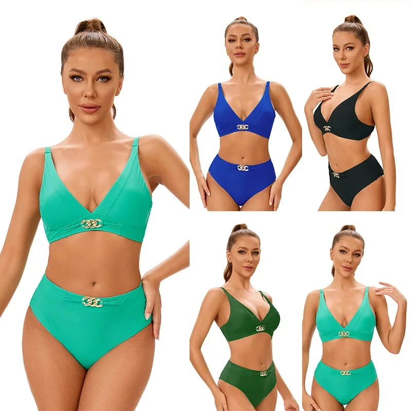 Women's Solid Color Sexy High-Waisted Bikini Set Deep V-Neck & Lace-Up Backless Swimsuit Triangle Bikinis
Women's Solid Color Sexy High-Waisted Bikini Set Deep V-Neck & Lace-Up Backless Swimsuit Triangle Bikinis