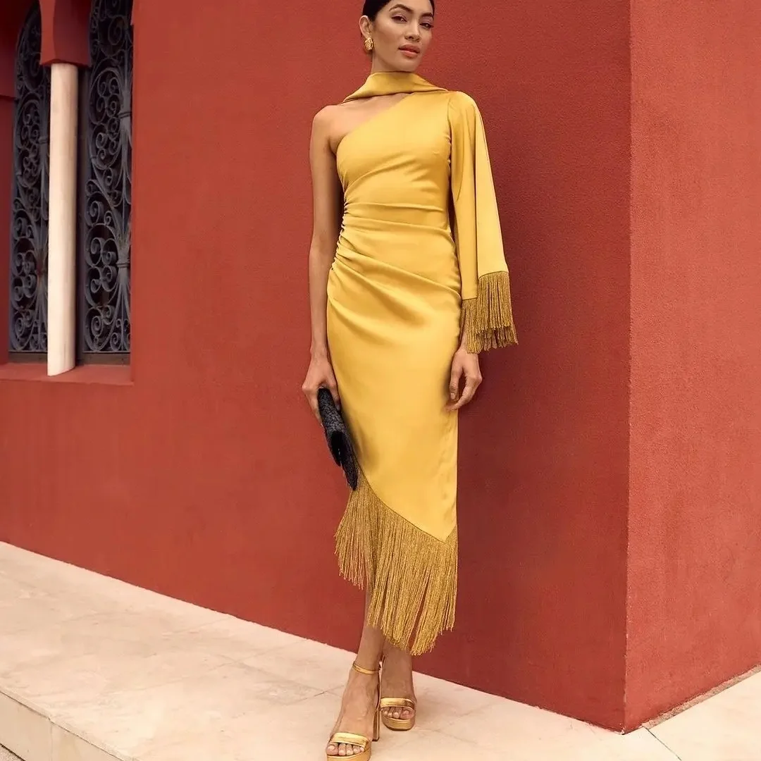 Vintage Mermaid Prom Dresses Long Sleeve Tassels One Shoulder Party Gowns Vestidos De Fiesta Ankle Length Evening Dresses
Vintage Mermaid Prom Dresses Long Sleeve Tassels One Shoulder Party Gowns Vestidos De Fiesta Ankle Length Evening Dresses