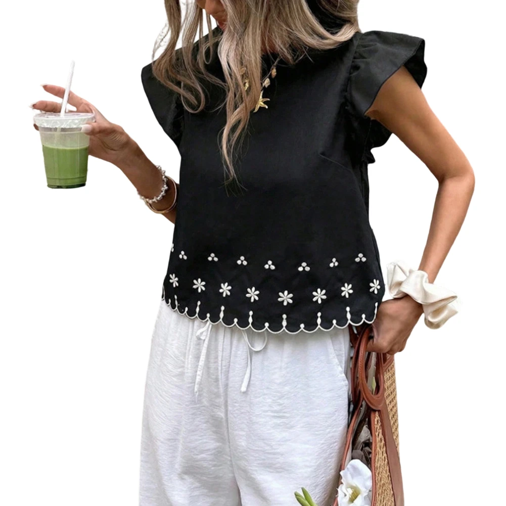 Women Cotton Blend Blouse with Embroidery Pattern Ruffle Flying Sleeves Crew Neck Casual Top for Spring and Summer
Women Cotton Blend Blouse with Embroidery Pattern Ruffle Flying Sleeves Crew Neck Casual Top for Spring and Summer