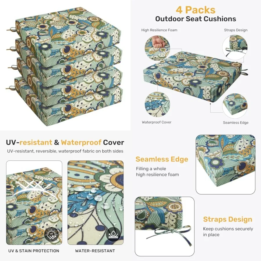 Outdoor Chair Cushions Pack of 4, Water Resistant Patio Cushions with Ties, High Density Sponge Fillg Square Corner Seat Cushio
Outdoor Chair Cushions Pack of 4, Water Resistant Patio Cushions with Ties, High Density Sponge Fillg Square Corner Seat Cushio