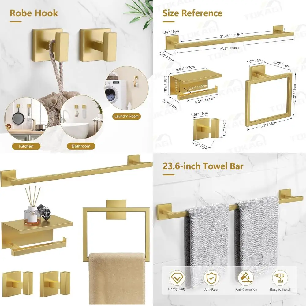 24 Wall-Mounted Brushed Gold Bathroom Accessory Set: Stainless Steel Towel Bar, Toilet Paper Holder with Shelf
24 Wall-Mounted Brushed Gold Bathroom Accessory Set: Stainless Steel Towel Bar, Toilet Paper Holder with Shelf