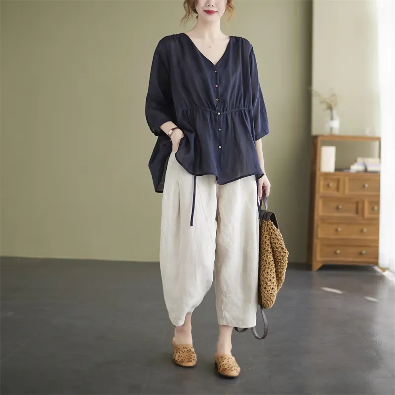 New Loose Plus Size Women's Solid Color Summer Cotton Short-sleeved Tops and Nine-point Pants Suit
New Loose Plus Size Women's Solid Color Summer Cotton Short-sleeved Tops and Nine-point Pants Suit