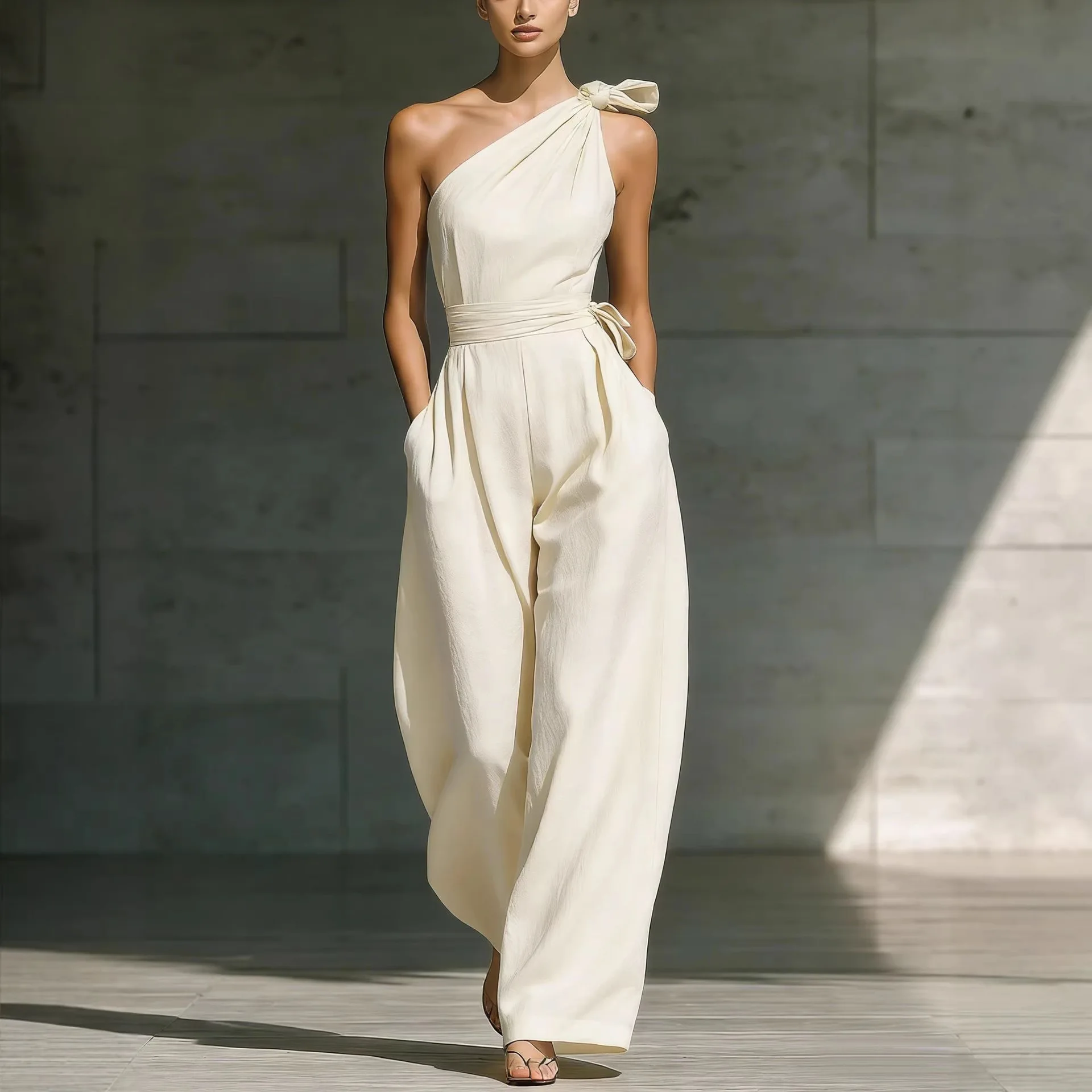 Summer Women Fashion Lace-Up Hight Waist Rompers Casual Sleeveless Wide Leg Playsuit Sexy Slanted Shoulder Draped Long Jumpsuits
Summer Women Fashion Lace-Up Hight Waist Rompers Casual Sleeveless Wide Leg Playsuit Sexy Slanted Shoulder Draped Long Jumpsuits