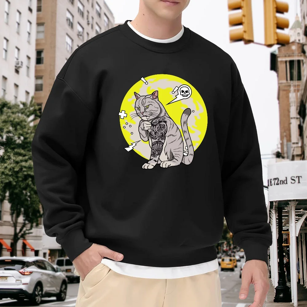 Men's Black Crew Neck Loose Sweatshirt, Trendy Cat Print Pullover, Street Casual Style Top, Comfortable and Versatile for Everyday Wear
Men's Black Crew Neck Loose Sweatshirt, Trendy Cat Print Pullover, Street Casual Style Top, Comfortable and Versatile for Everyday Wear