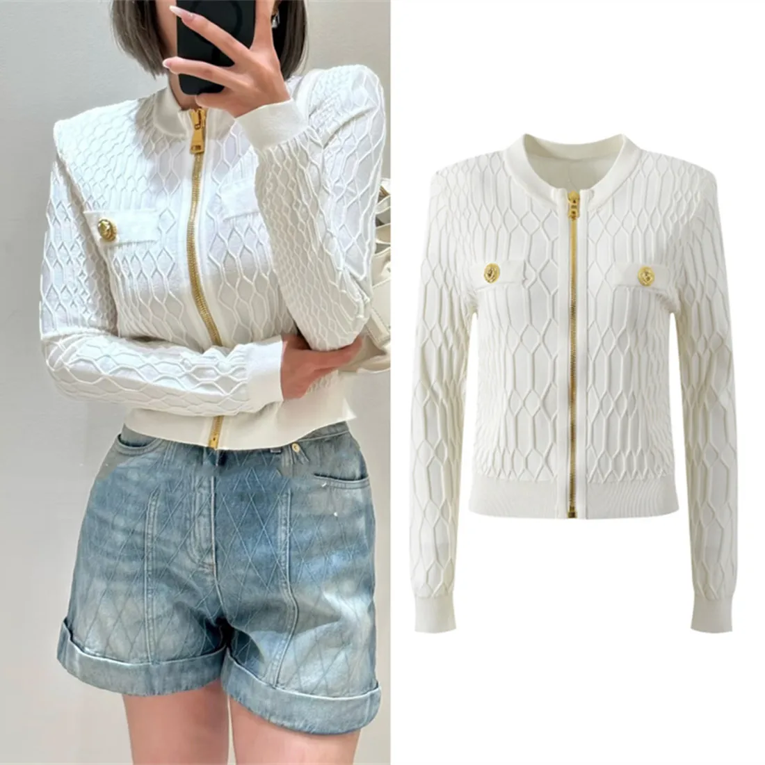 Высококачественная версия, парижский роскошный геометрический золотой синий вязаный круглый открытый кардиган на молнии, женская модная верхняя одежда
Высококачественная версия, парижский роскошный геометрический золотой синий вязаный круглый открытый кардиган на молнии, женская модная верхняя одежда