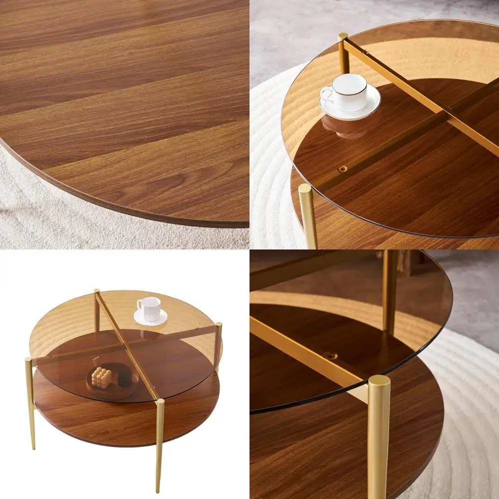 Mid-Century Modern Coffee Table, 30 Diameter x 17 High, 2-Level Design, Amber Glass and Walnut Shelves, Gold-Finished Metal Legs
Mid-Century Modern Coffee Table, 30 Diameter x 17 High, 2-Level Design, Amber Glass and Walnut Shelves, Gold-Finished Metal Legs
