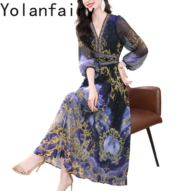 YOLANFAIRY Luxury 100% Real Mulberry Silk Dress for Women Summer V-neck Elegant Printed Long Dresses Fashion Birthday Dress New
YOLANFAIRY Luxury 100% Real Mulberry Silk Dress for Women Summer V-neck Elegant Printed Long Dresses Fashion Birthday Dress New