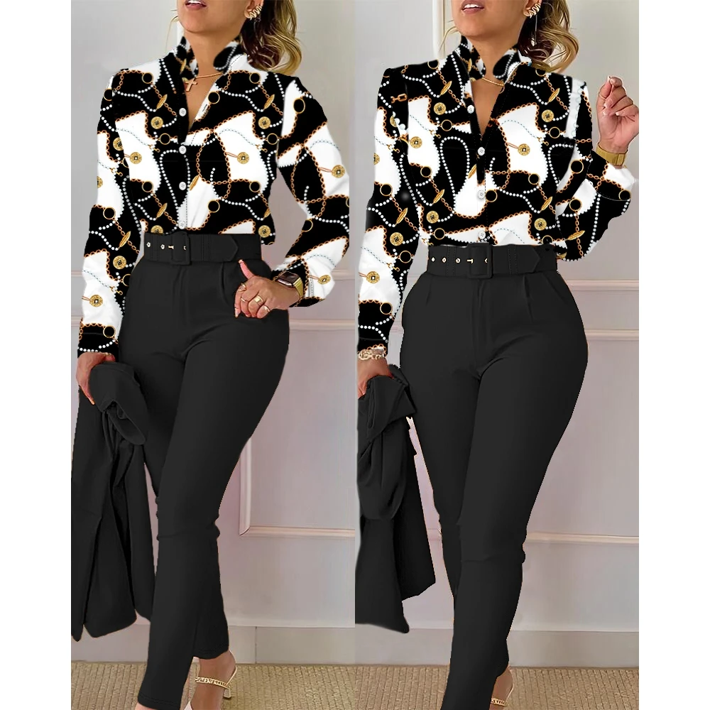 Casual Autumn Women Chain Buttoned Shirt & High Waist Pants Set Korean Style Two Pieces Workwear New In Suit
Casual Autumn Women Chain Buttoned Shirt & High Waist Pants Set Korean Style Two Pieces Workwear New In Suit
