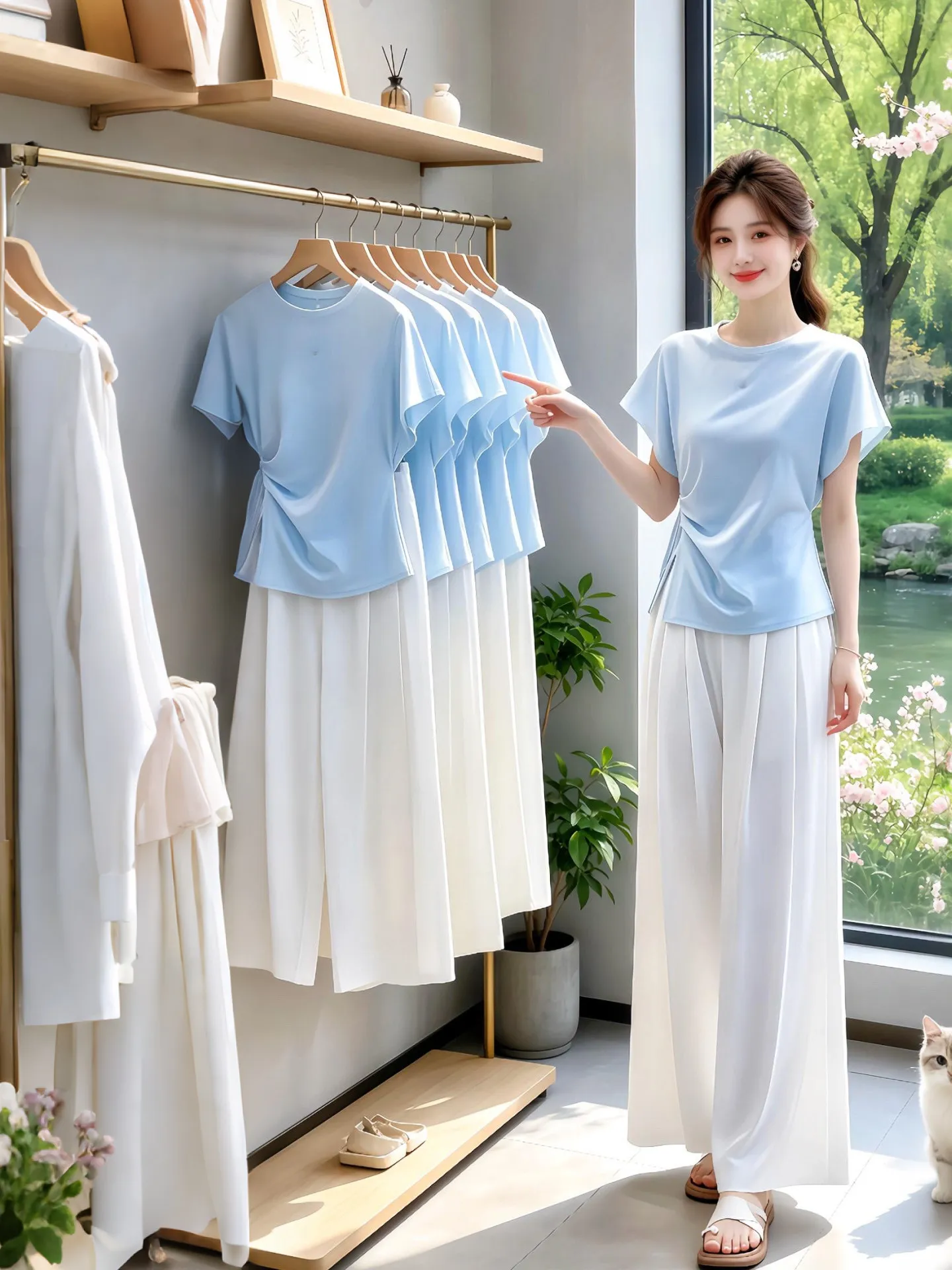 Summer 2026 Women's Soft Style Korean Fashion Milk Blue Short Sleeve Wide Leg Skirt Pants Casual Slimming Two-Piece Set
Summer 2026 Women's Soft Style Korean Fashion Milk Blue Short Sleeve Wide Leg Skirt Pants Casual Slimming Two-Piece Set