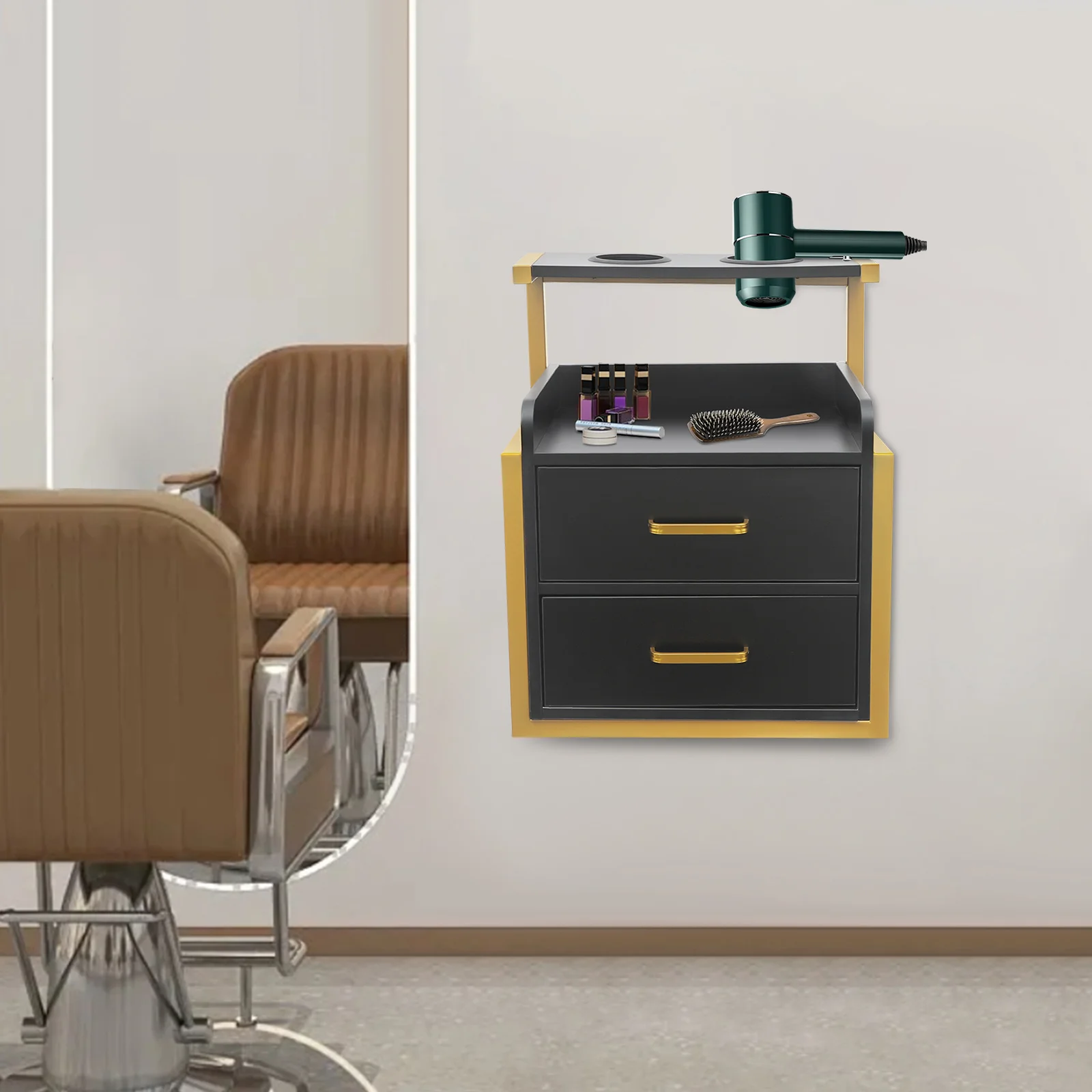 Wall Mounted Salon Storage Cabinet Gold Black Hair Stylist Tool Organizer with 2 Drawers Open Shelf Hair Dryer Holder Space Saving Wall Cabinet for Barber Shop Beauty Salon Spa Bathroom Home Styling Tool Storage 50kg Load Capacity Easy Install Clean
Wall Mounted Salon Storage Cabinet Gold Black Hair Stylist Tool Organizer with 2 Drawers Open Shelf Hair Dryer Holder Space Saving Wall Cabinet for Barber Shop Beauty Salon Spa Bathroom Home Styling Tool Storage 50kg Load Capacity Easy Install Clean