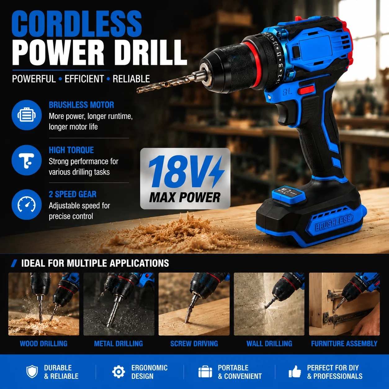 18V Brushless Cordless Electric Drill and Screwdriver Impact Power Tool for Home Garage DIY Projects No Battery Included
18V Brushless Cordless Electric Drill and Screwdriver Impact Power Tool for Home Garage DIY Projects No Battery Included