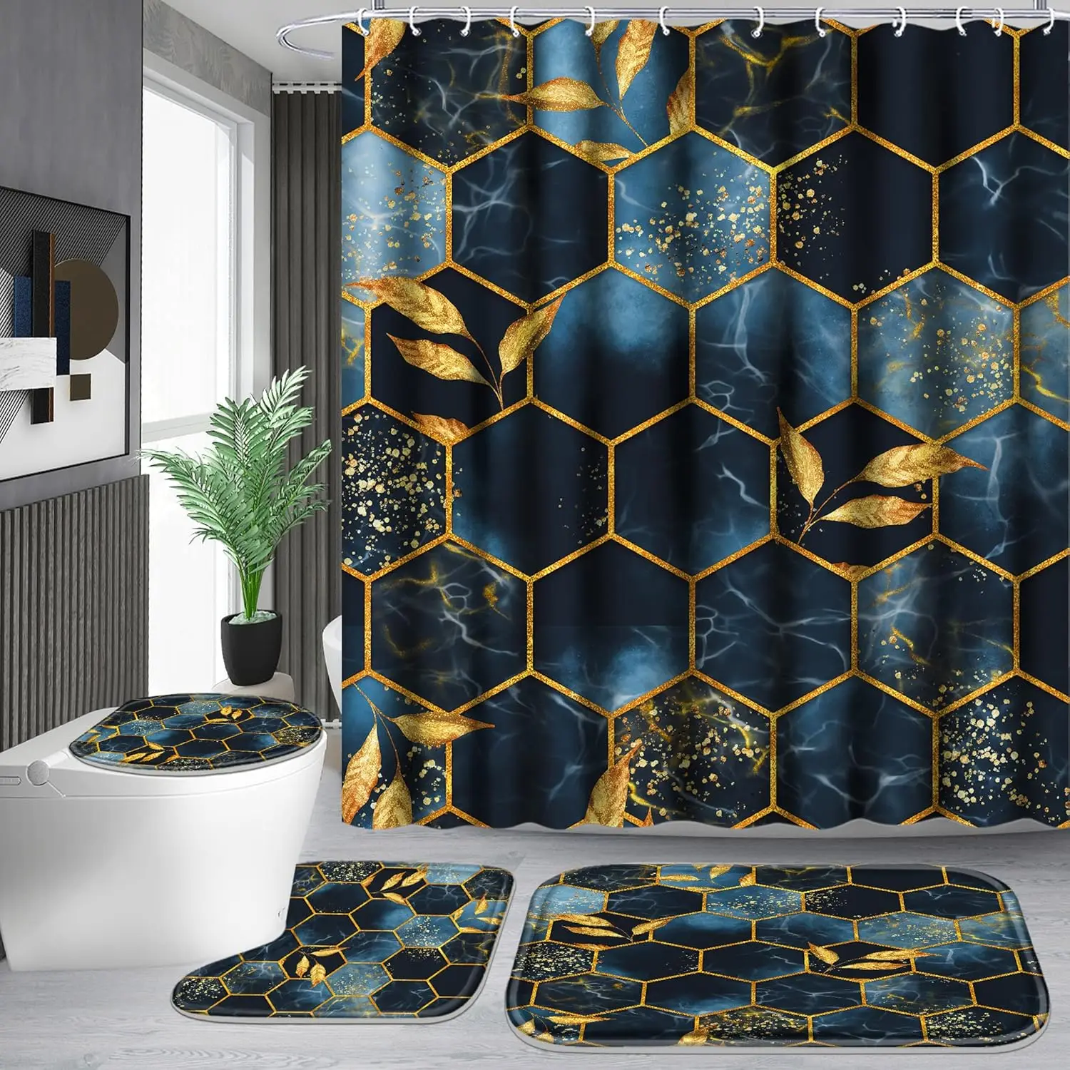 4-Piece Bathroom Shower Curtain Set with Rugs and Hooks, Black Blue Honeycomb Marble Design
4-Piece Bathroom Shower Curtain Set with Rugs and Hooks, Black Blue Honeycomb Marble Design