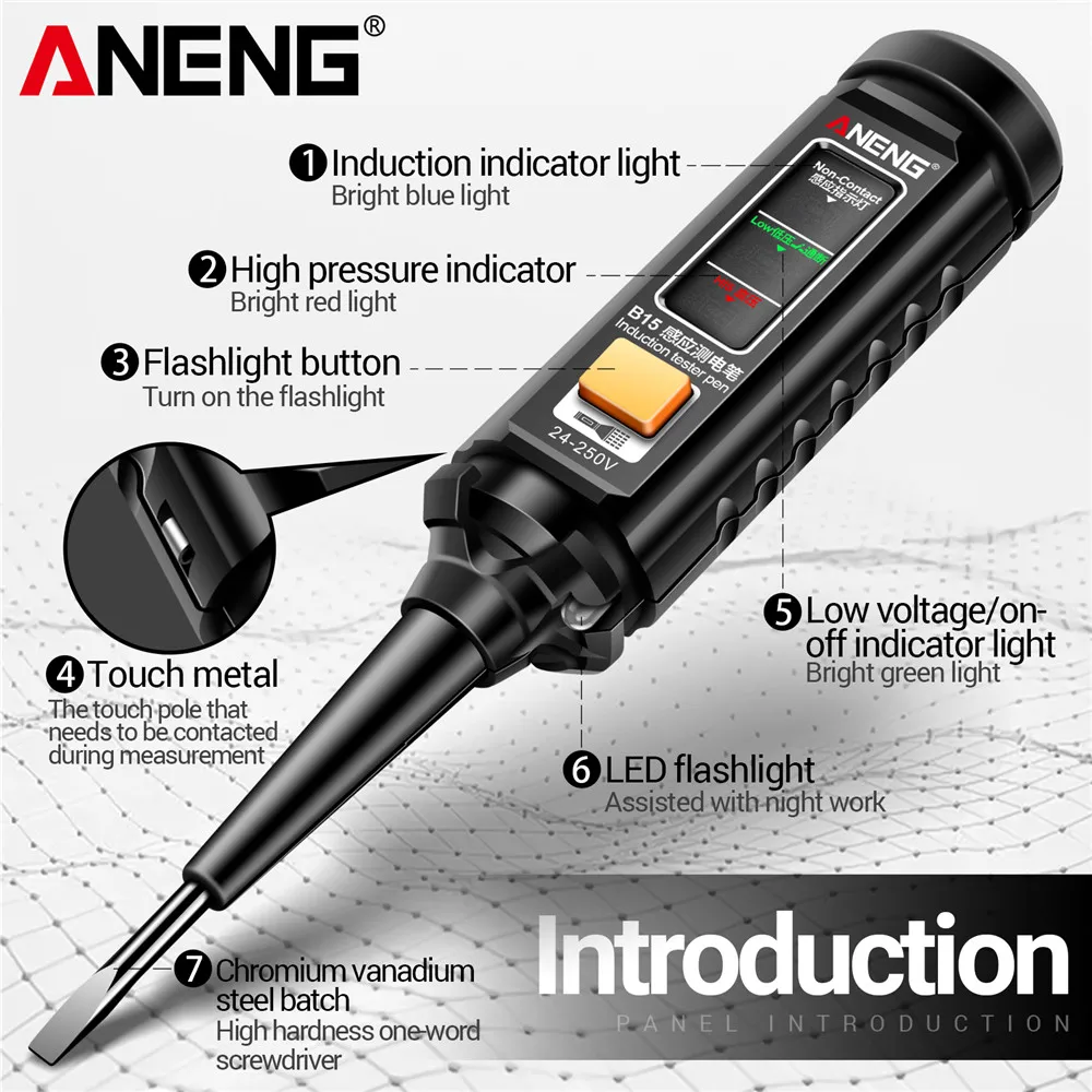 ANENG One-word Screwdriver Tester Highlight Color Indicator Light B15 Professional Electrician Induction Teste Pen Tester Tools
ANENG One-word Screwdriver Tester Highlight Color Indicator Light B15 Professional Electrician Induction Teste Pen Tester Tools