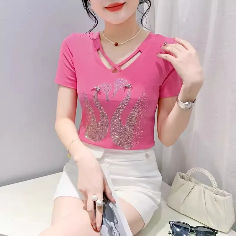 Summer Design Love Cross V Neck T-Shirt Women's Fashion Cartoon Diamond Shiny Hot Drill Slim Mesh Tops Short Sleeve Tees Shirts
Summer Design Love Cross V Neck T-Shirt Women's Fashion Cartoon Diamond Shiny Hot Drill Slim Mesh Tops Short Sleeve Tees Shirts