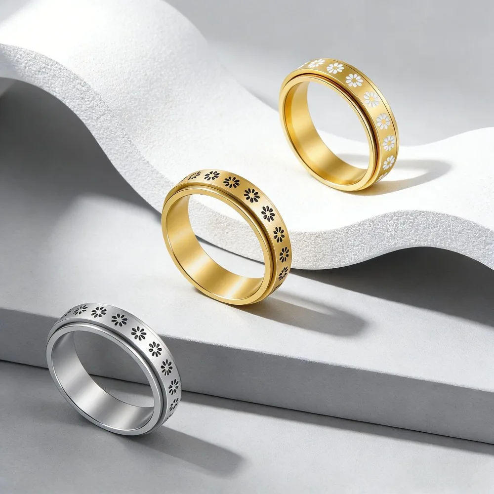 Stainless Steel Daisy Spinner Ring, Anxiety Relief Fidget Ring for Women, Rotating Floral Band
Stainless Steel Daisy Spinner Ring, Anxiety Relief Fidget Ring for Women, Rotating Floral Band