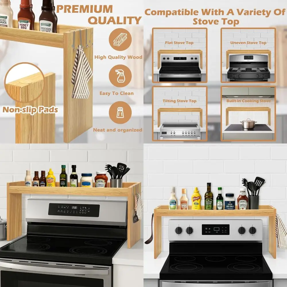 Oak 31.5 Kitchen Stove Organizer Shelf with 6 Hooks and 11.5 Spice Rack
Oak 31.5 Kitchen Stove Organizer Shelf with 6 Hooks and 11.5 Spice Rack