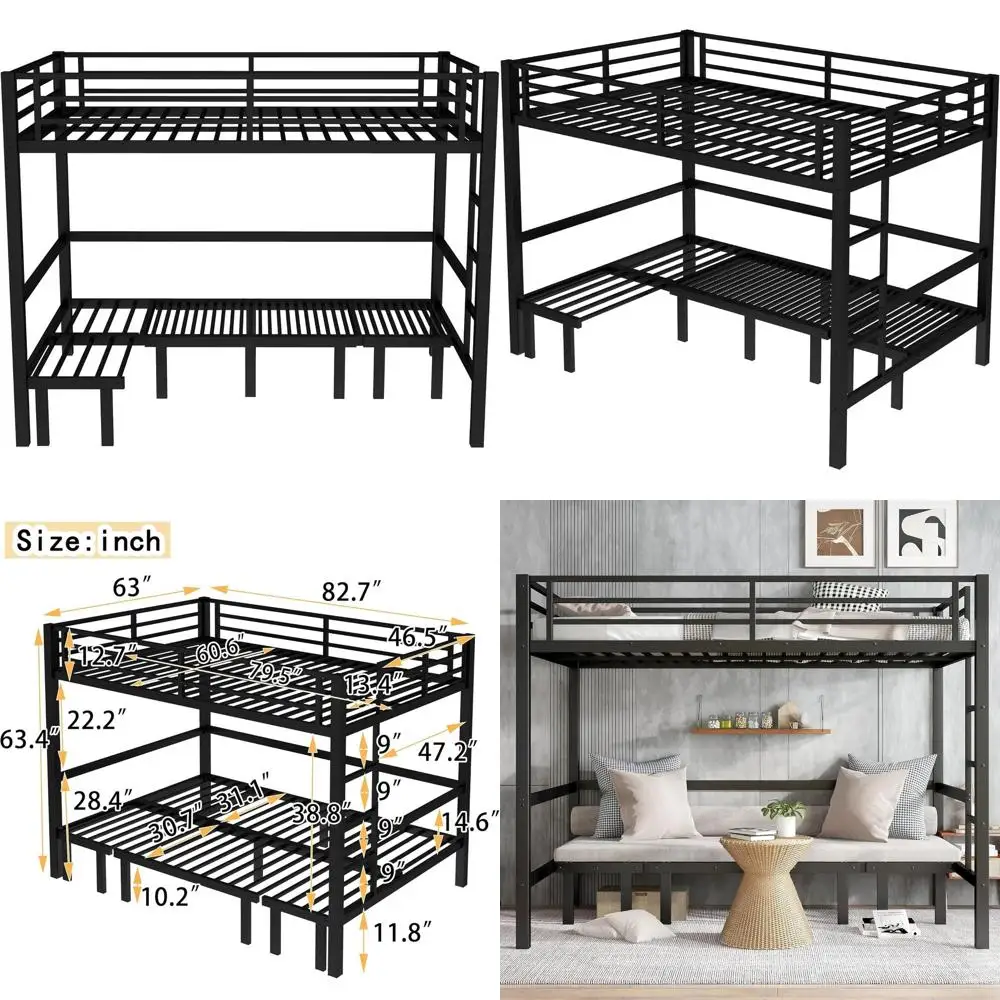 Convertible Metal Bunk Bed with Pull-Out Lower, U-Shape Sofa, Safety Rails, Black
Convertible Metal Bunk Bed with Pull-Out Lower, U-Shape Sofa, Safety Rails, Black