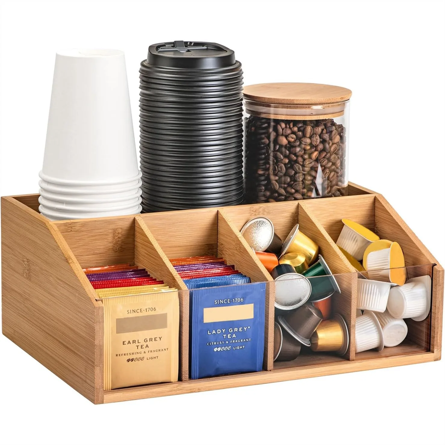 Bamboo Coffee Station Organizer with 5 Compartments for Countertop, Tea Bags, Pods, Creamer, Syrup, Cups
Bamboo Coffee Station Organizer with 5 Compartments for Countertop, Tea Bags, Pods, Creamer, Syrup, Cups