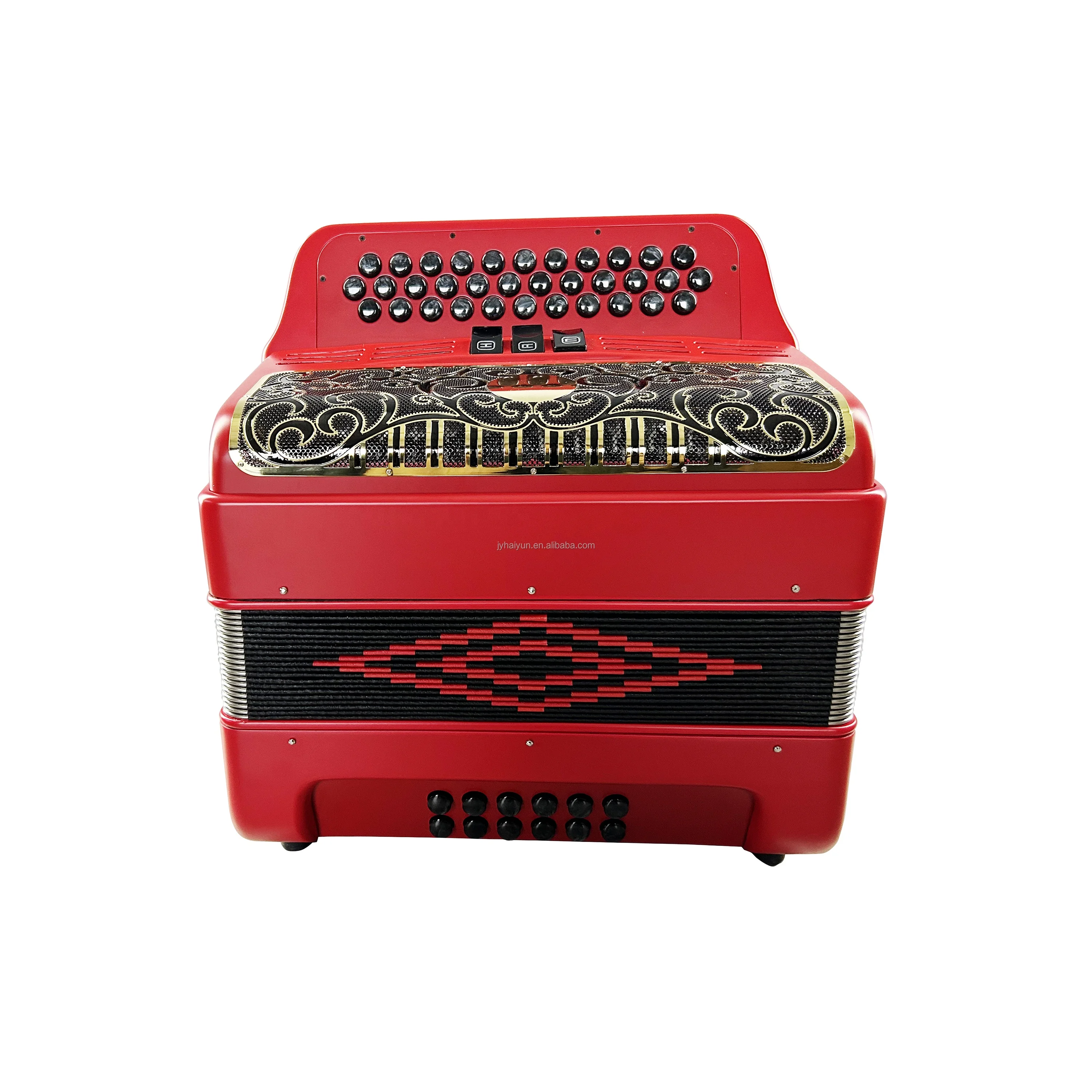 Professional 34-Button 12-Bass 3-Register Red Accordion Black Gold Grill Black Button JB3412C Acordeon Instrument
Professional 34-Button 12-Bass 3-Register Red Accordion Black Gold Grill Black Button JB3412C Acordeon Instrument