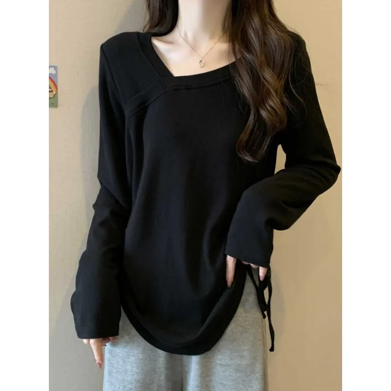 Женская базовая рубашка большого размера с длинными рукавами и завязками нестандартной формы для женщин осенью и зимой, свободная футболка с тонкими плечами, топ 
Женская базовая рубашка большого размера с длинными рукавами и завязками нестандартной формы для женщин осенью и зимой, свободная футболка с тонкими плечами, топ