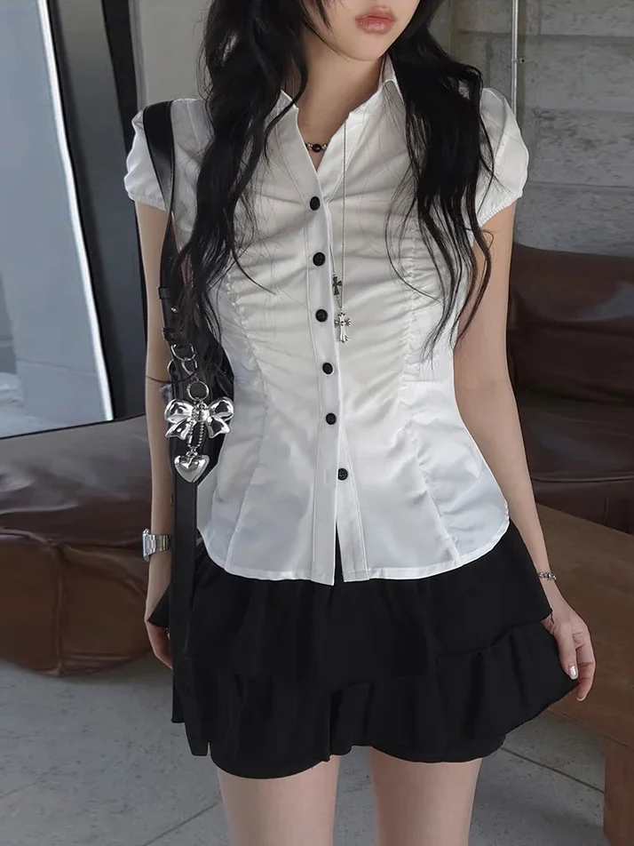 Korean Style Pleated Button up Short Sleeve Women's Shirt Waist Cinched Bubble Sleeve Turn down Collar Summer Fashion 2026
Korean Style Pleated Button up Short Sleeve Women's Shirt Waist Cinched Bubble Sleeve Turn down Collar Summer Fashion 2026