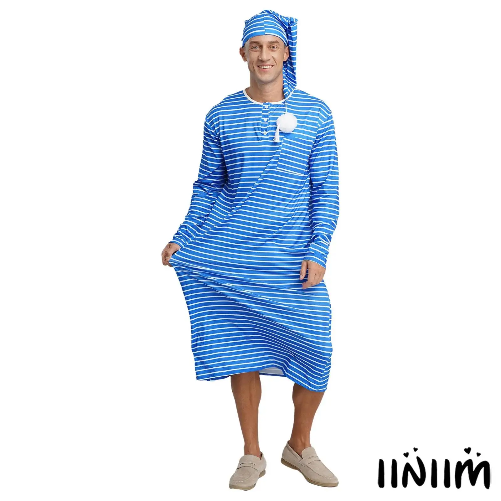 Men's Striped Sleep Robe And Hat Long Sleeve Crew Neck Loose Pajamas Dress Comfortable Loungewear Homewear Christmas Nightwear
Men's Striped Sleep Robe And Hat Long Sleeve Crew Neck Loose Pajamas Dress Comfortable Loungewear Homewear Christmas Nightwear