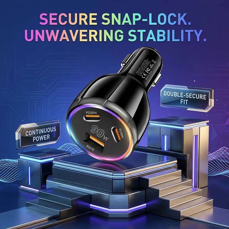 3 Port 90W Car Charger Type C Fast Charging Auto Adapter Dual PD30W USB A Secure Snap Lock RGB Light For 12-24V Autos For iPhone
3 Port 90W Car Charger Type C Fast Charging Auto Adapter Dual PD30W USB A Secure Snap Lock RGB Light For 12-24V Autos For iPhone