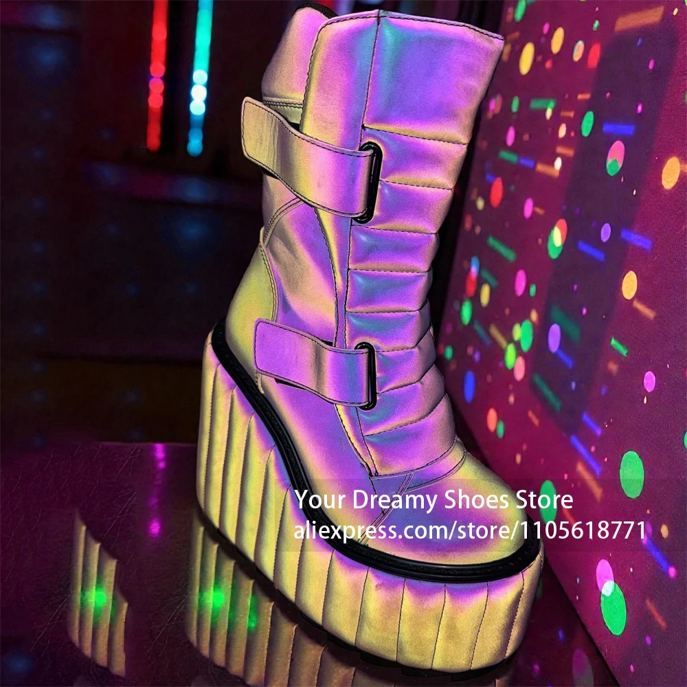 Iridescent Double Buckle Strap Platform Wedge Boots Ultra High Holographic Ankle Boots Round Toe Cyberpunk Streetwear Footwear
Iridescent Double Buckle Strap Platform Wedge Boots Ultra High Holographic Ankle Boots Round Toe Cyberpunk Streetwear Footwear