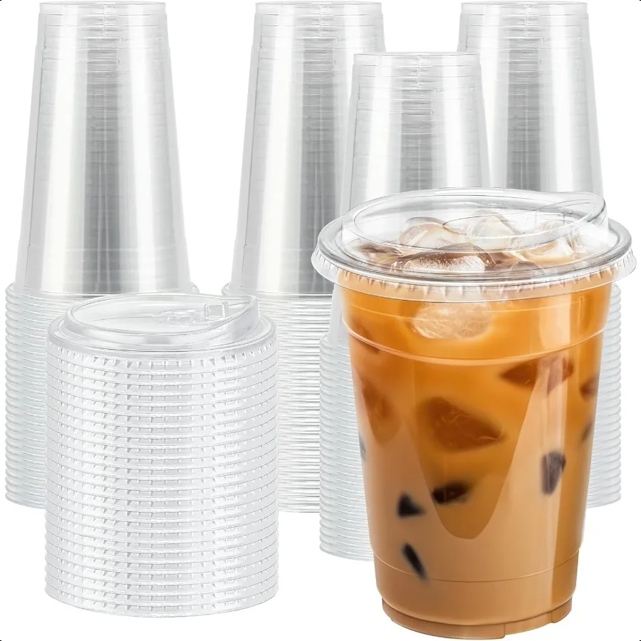 16 унций, 100 упаковок, прозрачные пластиковые стаканчики с крышками, прочные чашки для кофе со льдом и крышками, безопасная для еды чашка для смузи для холодных напитков, сока