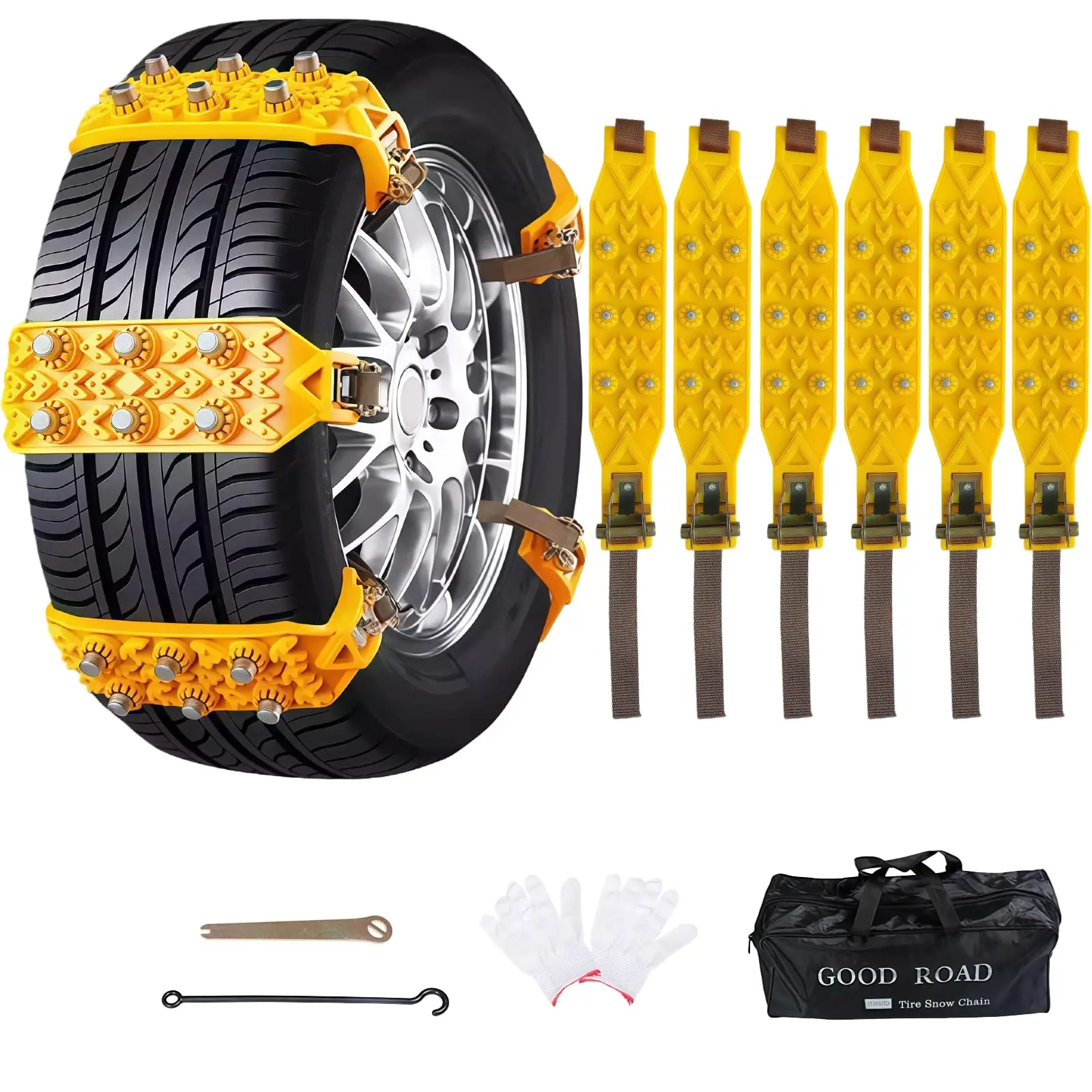 6 Pack Universal Adjustable Snow Chains For Car Truck SUV Tire Width 165-265mm Yellow Portable Emergency Tire Chains
6 Pack Universal Adjustable Snow Chains For Car Truck SUV Tire Width 165-265mm Yellow Portable Emergency Tire Chains