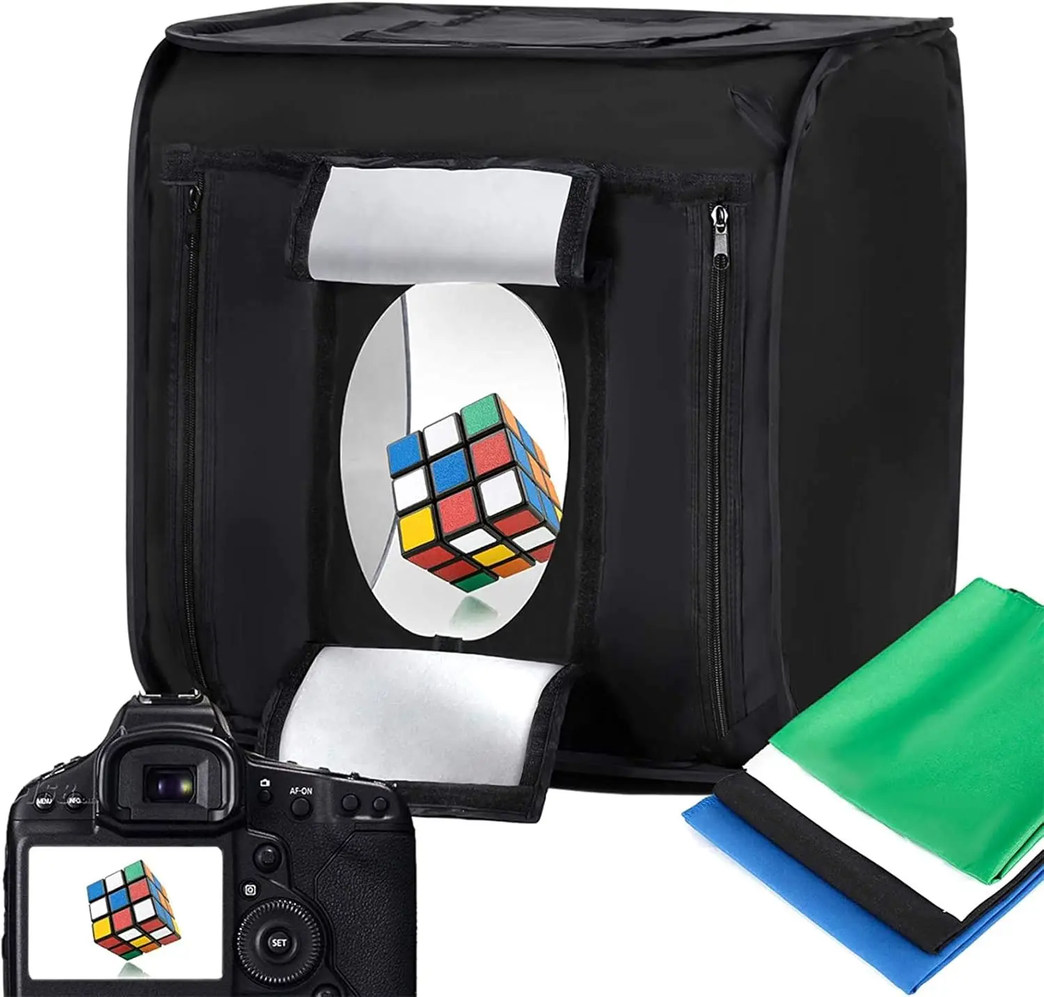 24x24 Collapsible LED Photo Studio Light Box with 4 Backdrops (Black, White, Blue, Green) for Photography
24x24 Collapsible LED Photo Studio Light Box with 4 Backdrops (Black, White, Blue, Green) for Photography
