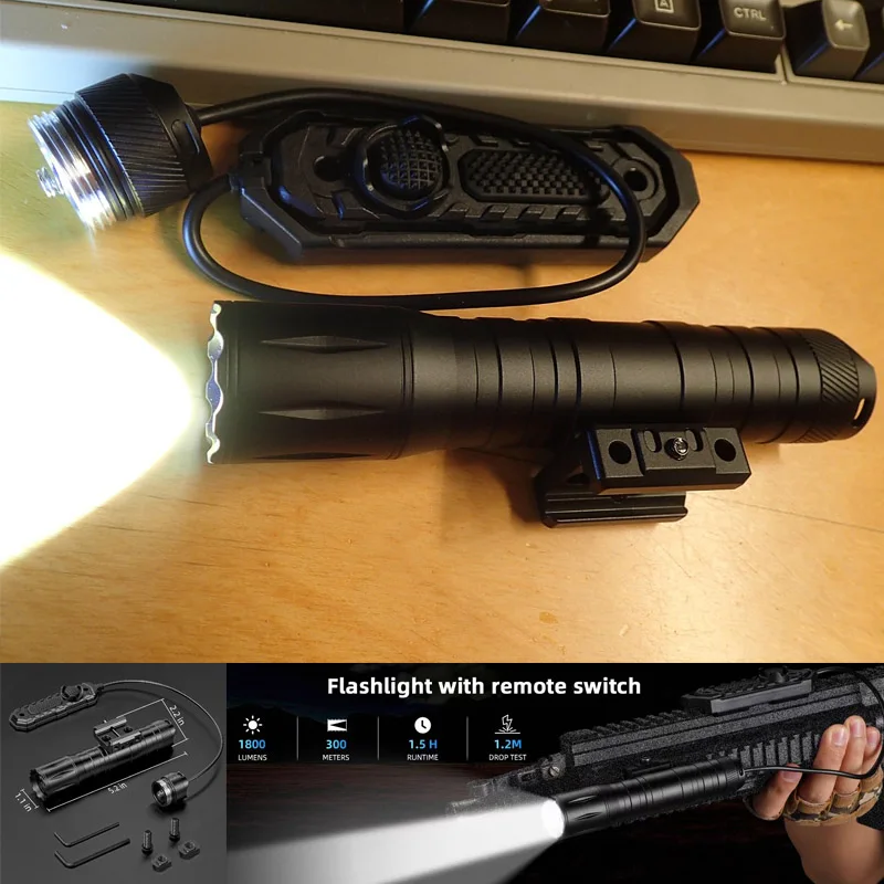 1800 Lumens Rifle Flashlight with Pressure Switch Offset Picatinny Light Strobe Mode for Hunting Compatible with Picatinny Rail
1800 Lumens Rifle Flashlight with Pressure Switch Offset Picatinny Light Strobe Mode for Hunting Compatible with Picatinny Rail