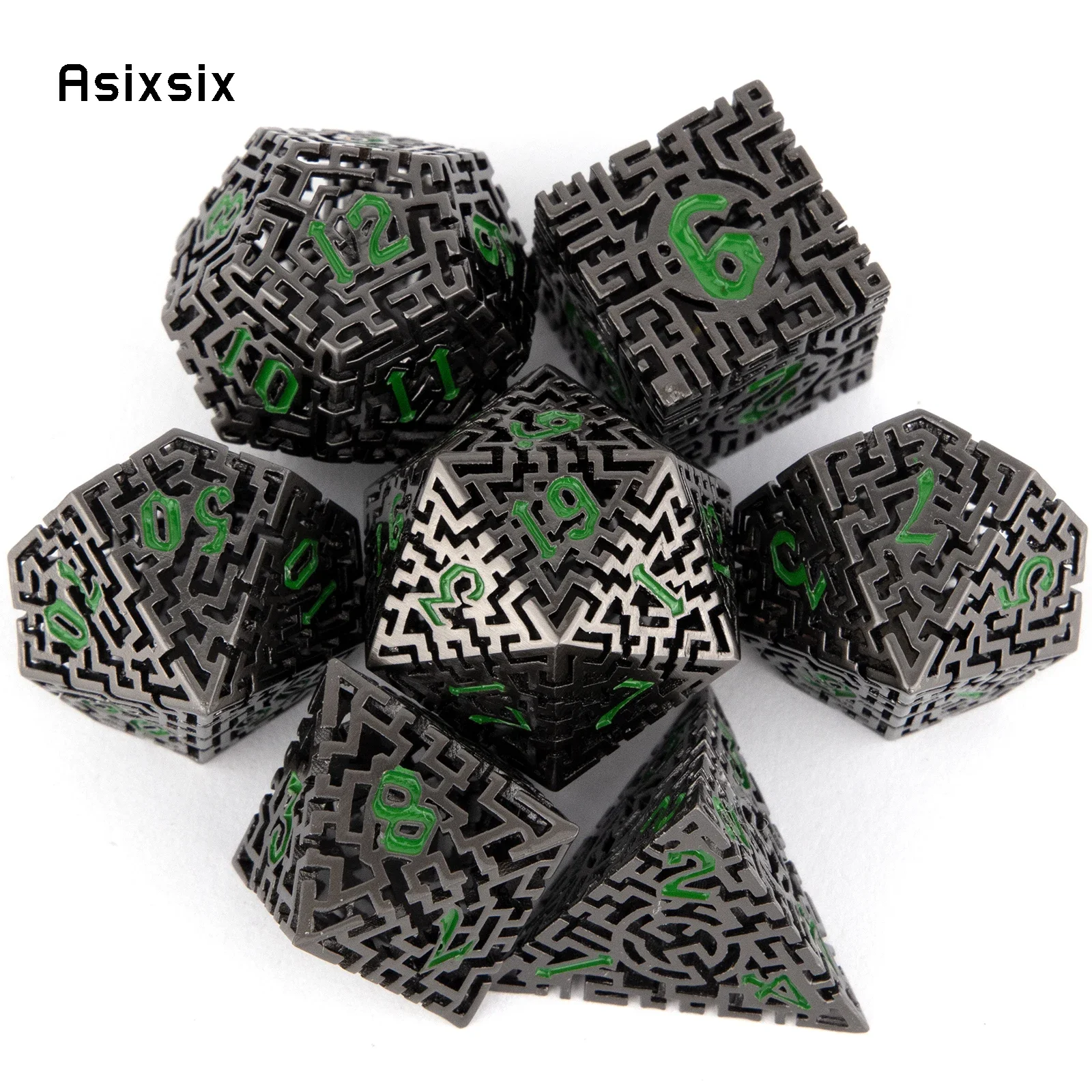 7 Pcs Black Green Metal Dice Maze Hollow Metal Polyhedral Dice Set Suitable for Role-Playing RPG Board Game Card Game
7 Pcs Black Green Metal Dice Maze Hollow Metal Polyhedral Dice Set Suitable for Role-Playing RPG Board Game Card Game