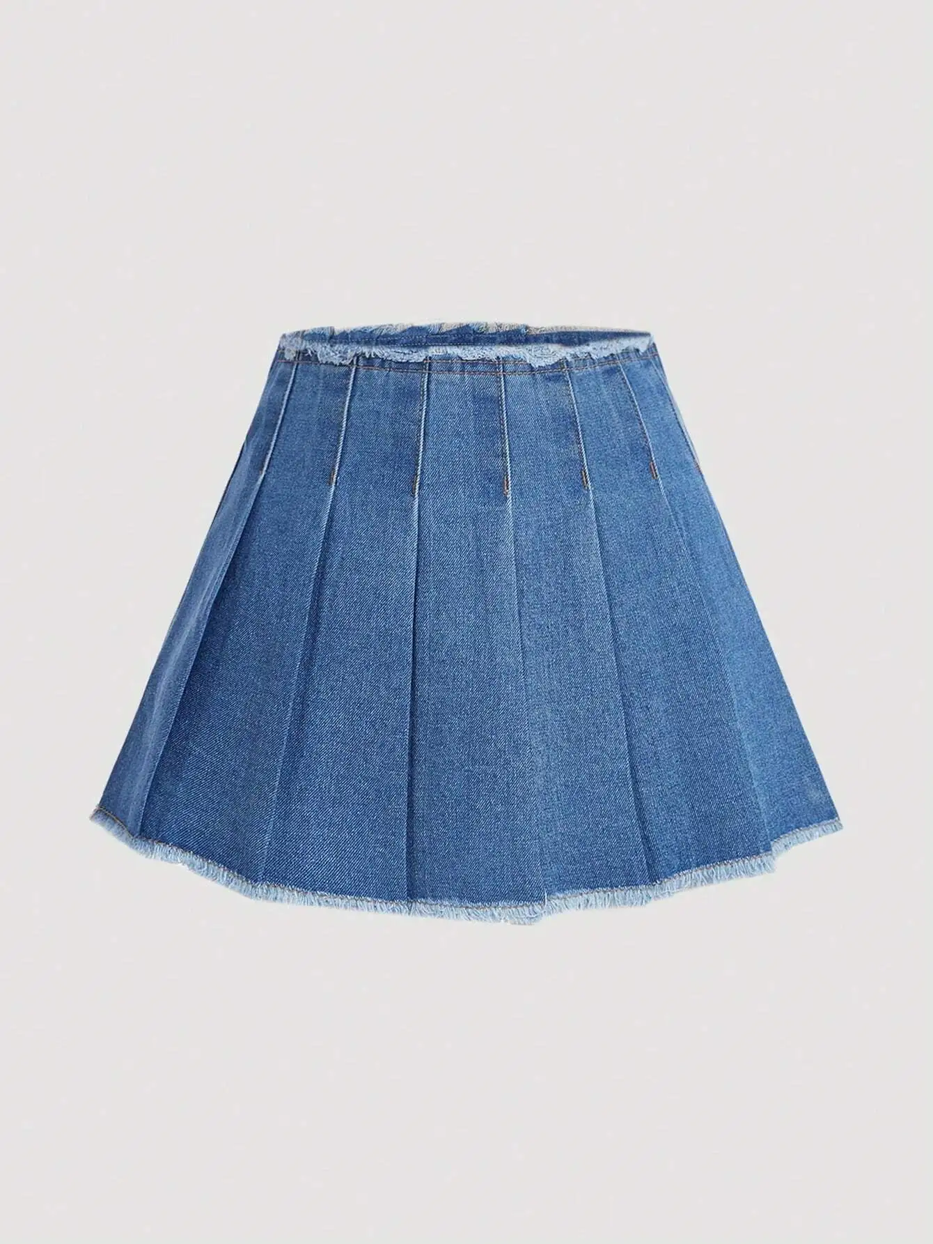 Women's Pleated Denim Skirt with Frayed Hem, A-Line Mini Style
Women's Pleated Denim Skirt with Frayed Hem, A-Line Mini Style