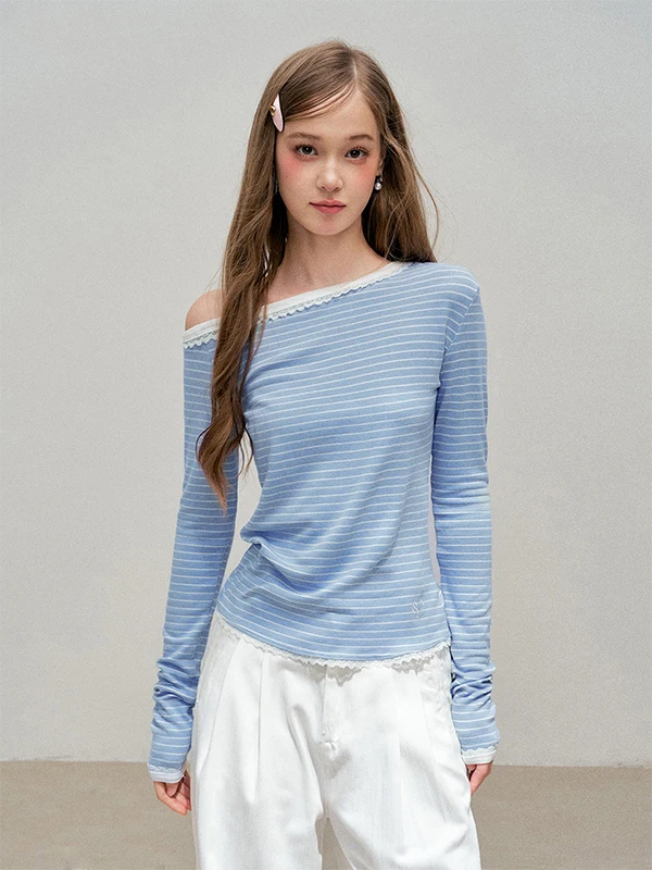16DEWS Blue Striped Lace Splice Long Sleeve T-Shirt Shoulder Bared Slim Fit Inner Wear with Sash Casual Style Spring Ladies Top
16DEWS Blue Striped Lace Splice Long Sleeve T-Shirt Shoulder Bared Slim Fit Inner Wear with Sash Casual Style Spring Ladies Top